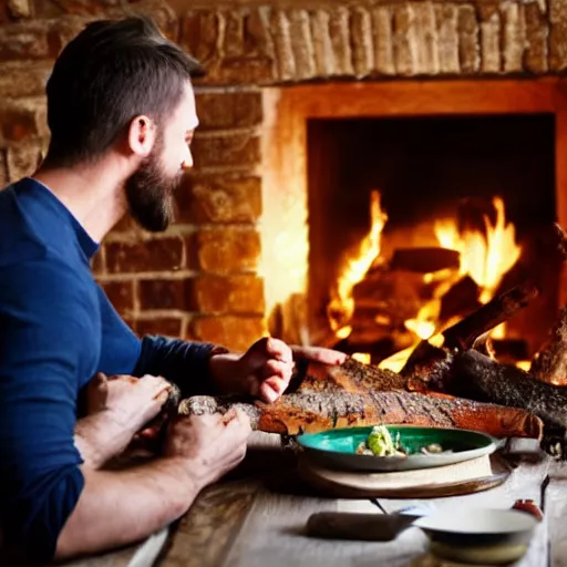 Prompt: man eating dinner with a log fire on a table romantic soft focus