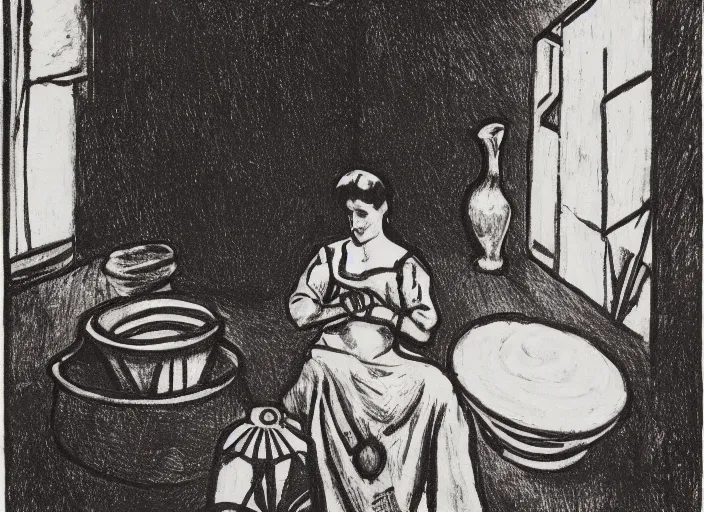 Prompt: abstract stylized pen and ink drawing on white paper of a woman sitting at a pottery wheel working on a vase, john singer sargent, van gogh, miro, vermeer