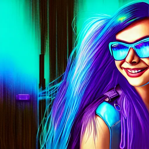 Image similar to closeup painting of a very beautiful young mexican cyberpunk woman with a smile, light blue neon shutter shades!! on her face, and a purple coloured leather jacket, one side haircut, long brown hair with light blue ends, portrait, sci - fi, hyperdetailed, cgsociety, synthwave by tangerine dream, by jean - michel jarre, by vangelis, by john carpenter