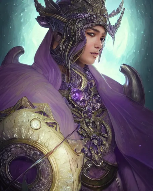 Image similar to Portrait of a Fantasy amethyst knight, moonlit, HD, illustration, epic, D&D, fantasy, intricate, elegant, highly detailed, digital painting, artstation, concept art, smooth, sharp focus, illustration, art by artgerm and greg rutkowski and alphonse mucha, monster hunter illustrations art book