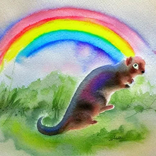 Prompt: rainbow impressionist in watercolor, ferrets playing