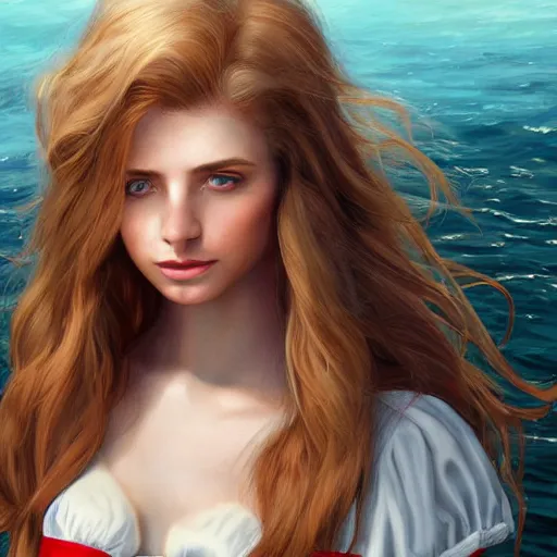 Image similar to epic portrait an beautiful woman wearing sailor outfit short sleeved and standing on a boat, beauty, pretty face, glossy skin, long blonde flowing hair, shiny skin, muscular, digital painting, artstation, concept art, soft light, hdri, smooth, sharp focus, illustration, fantasy, intricate, elegant, highly detailed, D&D, matte painting, in the style of Greg Rutkowski and Alphonse Mucha and artemisia, 8k, highly detailed, jurgens, rutkowski, bouguereau, pastoral, rustic, georgic, detailed concept art, illustration, colorful pastel, painting, detail, ultra detailed, digital art, 4K,