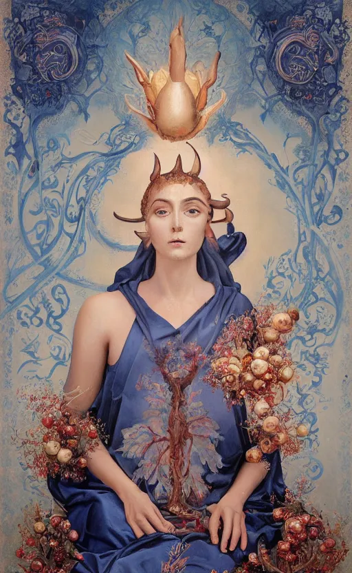 Image similar to a painting of a woman in plain blue robes, hands in lap with scroll, lunar crescent, horned diadem, large cross on chest, palm leaves, pomegranates, a surrealist painting by marco mazzoni, peter mohrbacher, cgsociety, neo - figurative, detailed painting, rococo, oil on canvas, biomorphic, lovecraftian