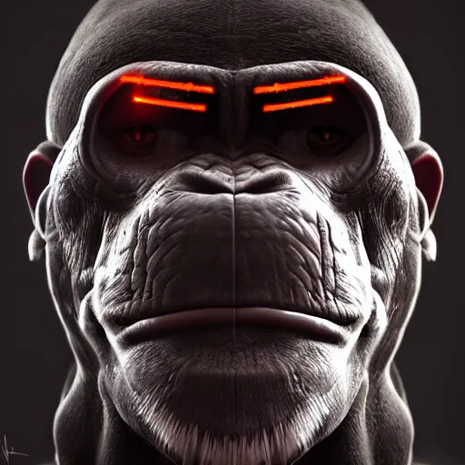 Prompt: character portrait, of a cyborg chimpanzee special op soldier, artstation, unreal engine 5, octane engine