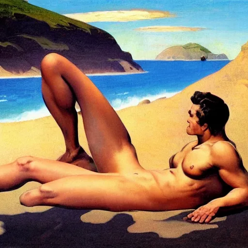 Prompt: a man laying on a Martian beach, frank frazetta