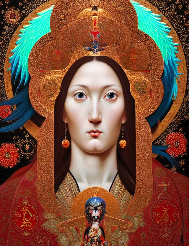 Image similar to 3 d goddess close - up profile portrait russian orthodox icon with ram skull. beautiful intricately detailed japanese crow kitsune mask and clasical japanese kimono. betta fish, jellyfish phoenix, bio luminescent, plasma, ice, water, wind, creature, artwork by tooth wu and wlop and beeple and greg rutkowski