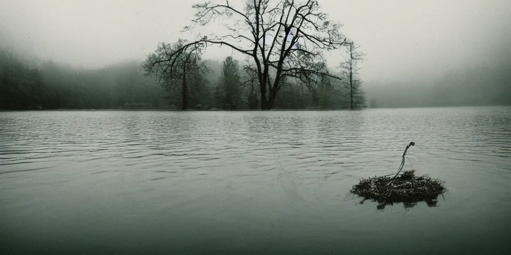 Image similar to symmetrical photograph of an infinitely long rope submerged on the surface of the water, the rope is snaking from the foreground towards the center of the lake, a dark lake on a cloudy day, trees in the background, moody scene, dreamy kodak color stock, anamorphic lens