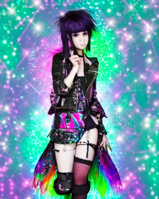 Image similar to a hologram of decora styled yotsuba koiwai wearing a gothic spiked jacket, holography, irridescent, baroque visual kei decora art