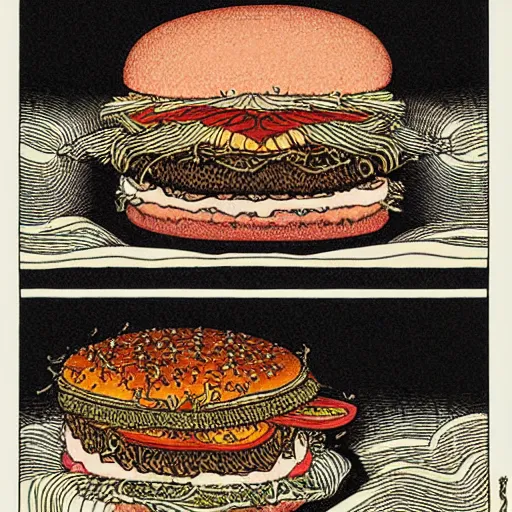 Image similar to intricate detailed burger by takato yamamoto