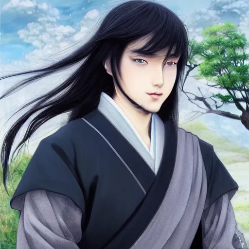 Prompt: a portrait of a young beautiful prince, golden eyes, long black hair, white hanfu, elegant, intricate, backlit, incredible lighting, strong rim light, subsurface scattering, photorealistic anime, epic beautiful landscape, cherry trees, highly detailed, digital painting, by Heise Jinyao, Heise-Lian Yan Fang, Feimo, Rossdraws, HDRI, vivid colors, high contrast, 8k
