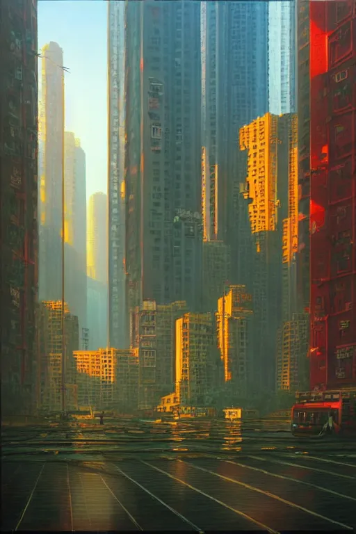 Prompt: downtown hong kong in a redwood solar punk vision, oil on canvas by klaus burgle, simon stalenhag, ultra - realistic 3 d depth shading