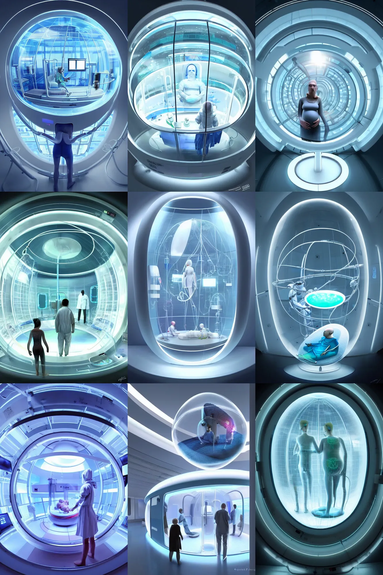 Prompt: high-tech medical egg made of glass containing an human baby inside in high tech medical bay, futuristic hospital room, artificial belly with wires made of glass in a medical bay, liquids, dan experiment, biopunk, solarpunk, sci-fi mech, futuristic, cyberpunk, sci-fipunk, fantasy, elegant, highly detailed, digital painting, artstation, pinterest, concept art, smooth, sharp focus, illustration, art by artgerm and greg rutkowski and alphonse mucha