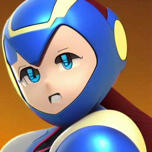 Image similar to mega man's kid sister. highly detailed 3 d render, anime, no helmet, long blue hair on her head, gold armor by john romita jr and david finch