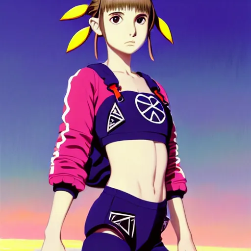 Image similar to beautiful boyish natalie portman gravure model in majora's mask, wearing big mayan bomber jacket with overalls and leotard, big bomber jacket with subtle mayan patterns, aztec bathing suit, gapmoe yandere grimdark, trending on pixiv fanbox, painted by greg rutkowski makoto shinkai takashi takeuchi studio ghibli, akihiko yoshida