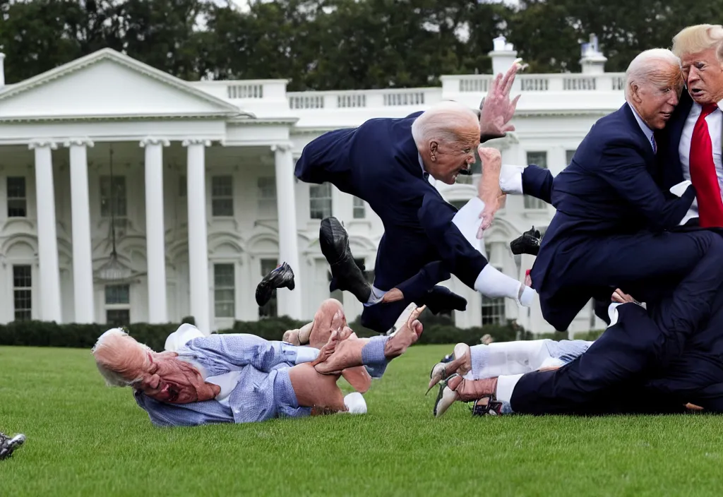 Image similar to joe biden gets tackled by donald trump in front of the white house on the lawn