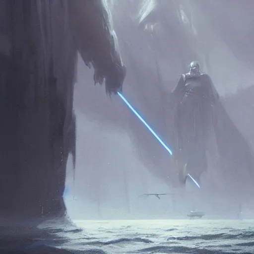 Prompt: star wars concept art by greg rutkowski, a palatial and imposing grey tall man in dark clothes godemerging from the sea in the middle of a ocean landscape, enigmatic atmosphere, beautiful and cinematic lighting, artstation hq.