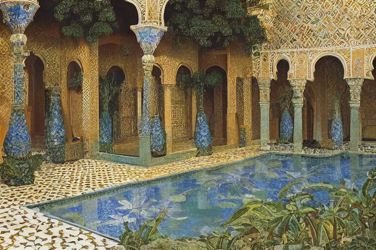 Image similar to painting of a beautiful moorish palace courtyard garden, by rudolf ernst and maxfield parrish and arkady rylov, patterned tilework, palm trees, tiled fountains, extremely detailed, cinematic lighting, smooth sharp focus