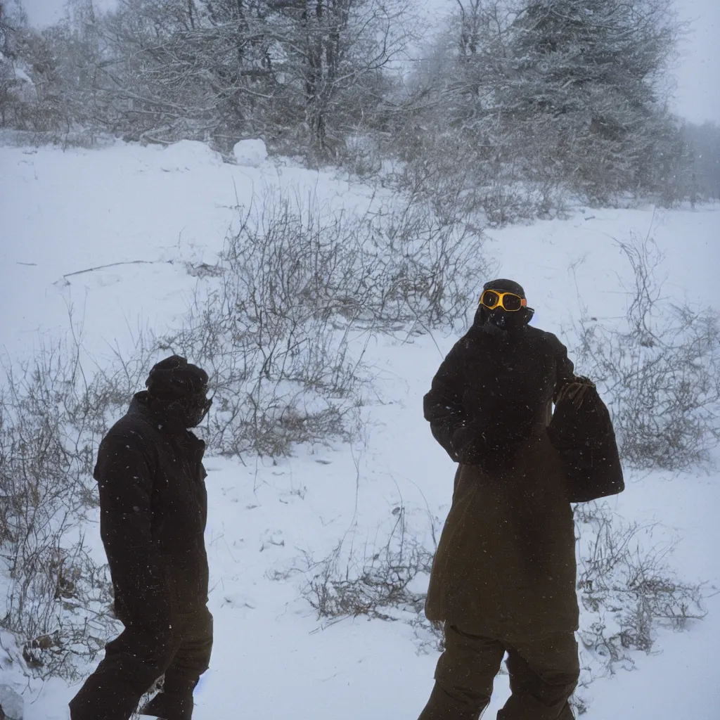 Image similar to photo, old black man wandering in the snow, moncler jacket, ski goggles, wild unkempt hair, mischevious grin, portrait, cold color temperature, snow storm. hazy atmosphere. humidity haze. kodak ektachrome, greenish expired film, award winning, low contrast