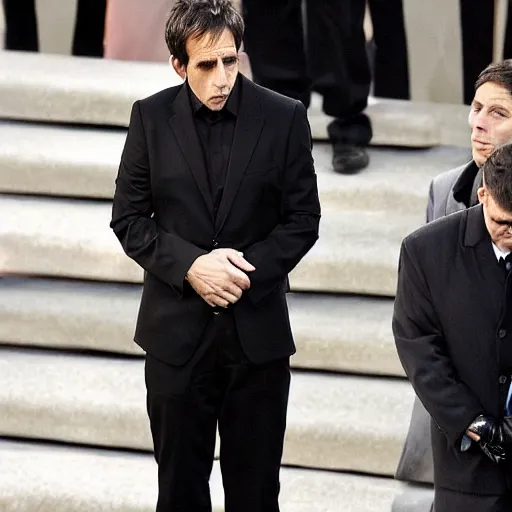 Image similar to ben stiller dressed in black, heartbroken at his father's burial, casket being lowered into the ground, a wailing woman in the background