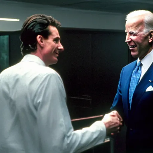 Image similar to patrick bateman shaking hands with joe biden.