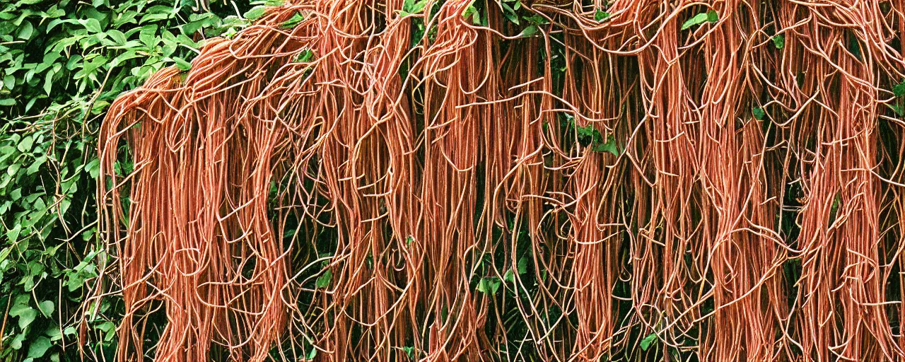 Image similar to spaghetti growing on a bush, in nature, in the style of carl warner, canon 2 0 mm, photograph, kodachrome