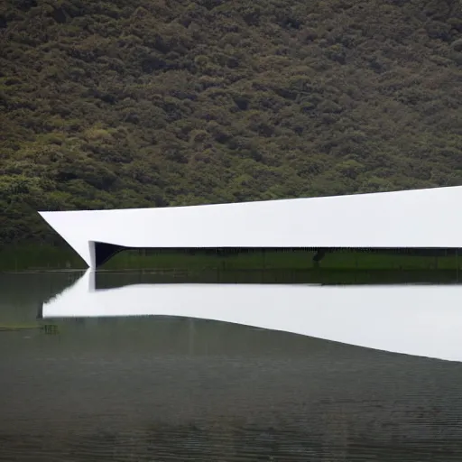 Prompt: a white cell structure art museum building in the shape of a fish on the surface of a beautiful lake. the indoor lighting is created by tadao ando and kazuo shimajima