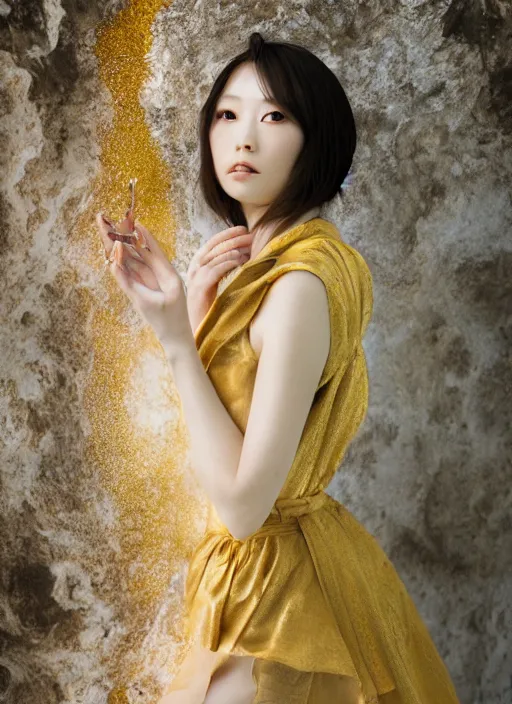 Image similar to Kodak Portra 400, 8K, soft light, volumetric lighting, highly detailed, Rena Nounen style 3/4 ,portrait photo of a Japanese ravishing Goddess by WLOP, the face emerges from a lava flowing gold travertine terraces with lotus flowers, inspired by Ophelia paint , a beautiful chic dress and hair are intricate with highly detailed realistic beautiful flowers , Realistic, Refined, Highly Detailed, ethereal lighting colors scheme, outdoor fine art photography, Hyper realistic, photo realistic