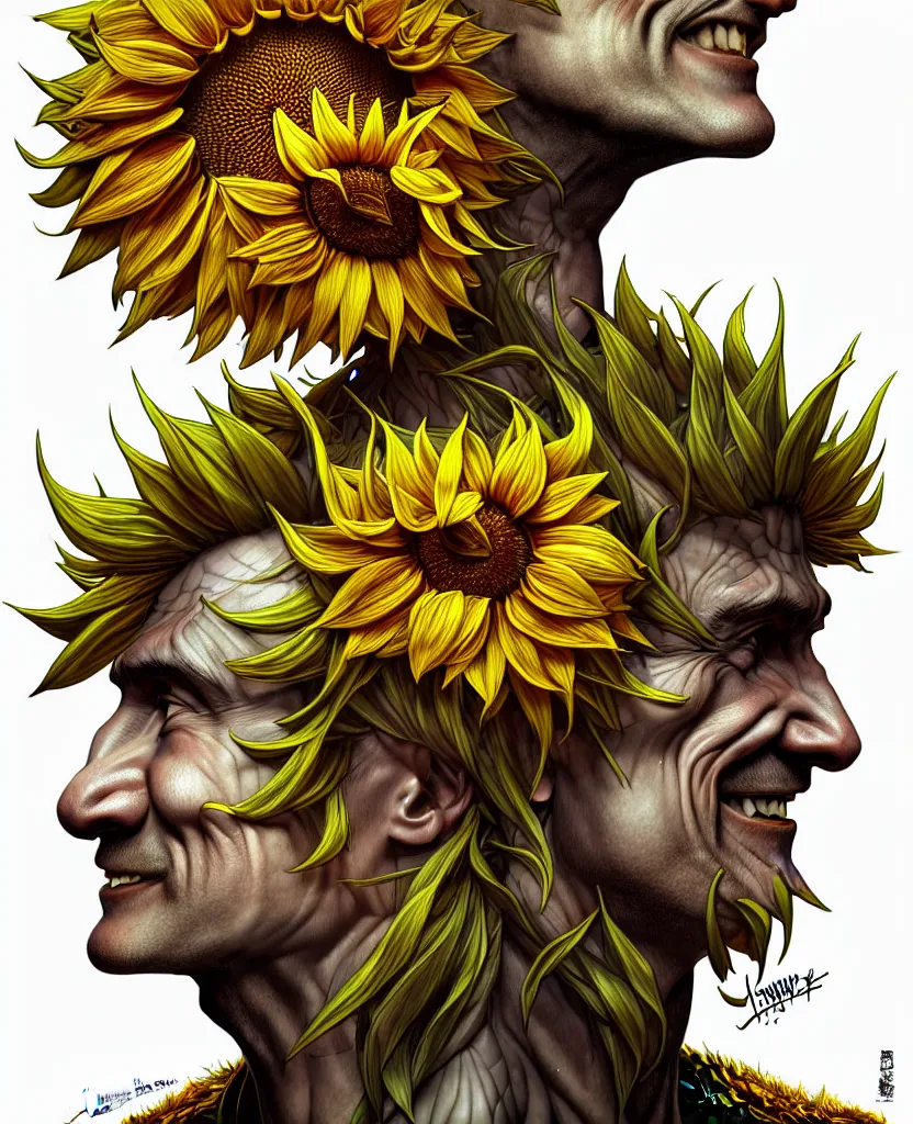 Image similar to digital art, centered full body of Putin smiling king, Sunflower crown, ,intricate, veins, by James Jean and by artgerm , by ross tran ultradetailed, charachter design, concept art, trending on artstation,