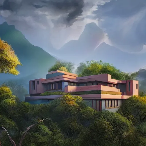 Image similar to modernist house inspired by a tibetan palace, on a green hill between big trees, colorful clouds, dramatic lighting, artstation, matte painting, raphael lacoste, simon stalenhag, frank lloyd wright, zaha hadid