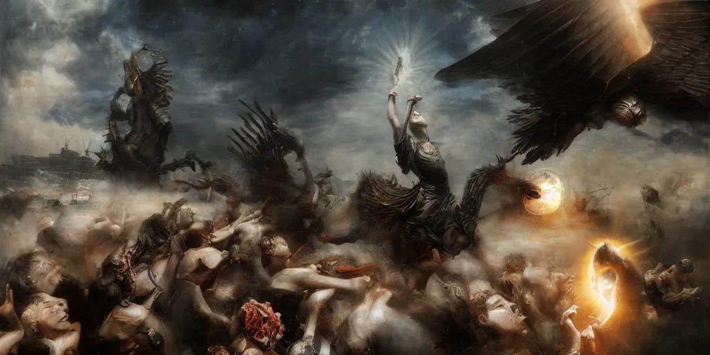 Image similar to death of Sun God by Howard David Johnson by Jeremy Geddes cinematic, coherent, clear, detailed, intricate, dramatic lighting, establishing shot, 8k resolution