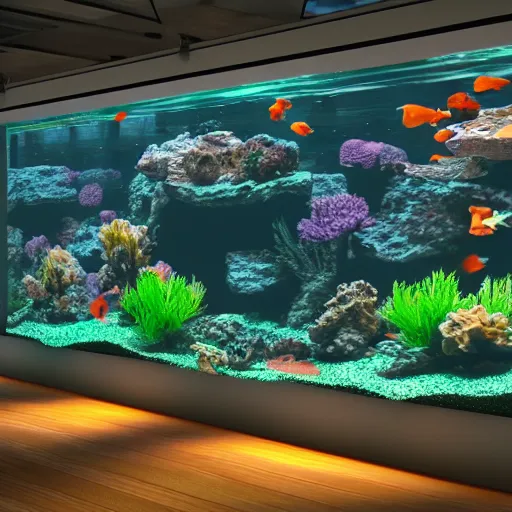 Image similar to photo of the big modern room as aquarium with a beautiful fishes and corals, realistic colors, realistic shadows, daylight made in blender, 3 d