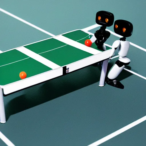 Image similar to two robots playing table tennis on a futuristic table tennis table, amazing detail, photorealistic