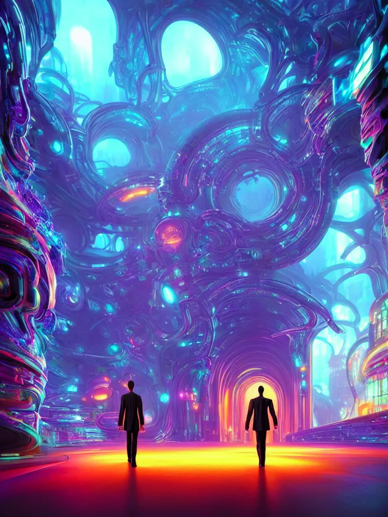 Image similar to entrance to matrix ethereal realm, ai sentient, rendered in unreal engine, central composition, symmetrical composition, dreamy colorful cyberpunk colors, 6 point perspective, fantasy landscape with anthropomorphic terrain in the styles of igor morski, jim warren and rob gonsalves, intricate, hyperrealistic, volumetric lighting, neon ambiance, distinct horizon