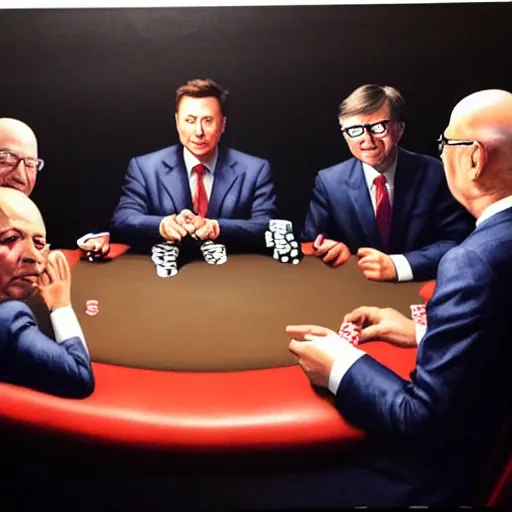 Image similar to UHD photorealistic Elon Musk playing poker with Satoshi Nakamoto, Klaus Schwab, and Bill Gates, hyperrealistic, correct details, cosmic studio lighting, symmetrical faces, accurate faces, by Greg Rutkowski