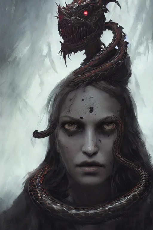 Image similar to A portrait of a monstrous women with snakes by Greg Rutkowski, Sung Choi, Mitchell Mohrhauser, Maciej Kuciara, Johnson Ting, Maxim Verehin, Peter Konig, Bloodborne, 8k photorealistic, cinematic lighting, HD, high details, dramatic, dark atmosphere, trending on artstation