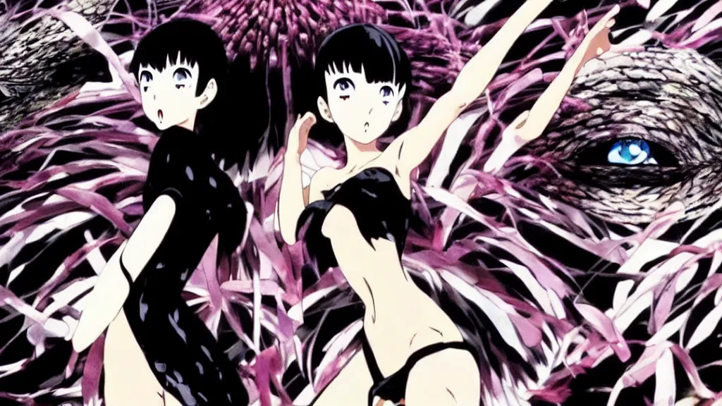 Image similar to black swan ( 2 0 1 0 ) as an anime film still from the an anime directed by katsuhiro otomo with art direction by salvador dali, wide lens