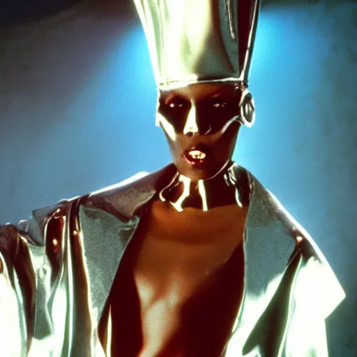 Image similar to movie still, grace jones wearing an tin man suit in bill & ted's excellent adventure, eldritch horror edition, realistic, 8 k