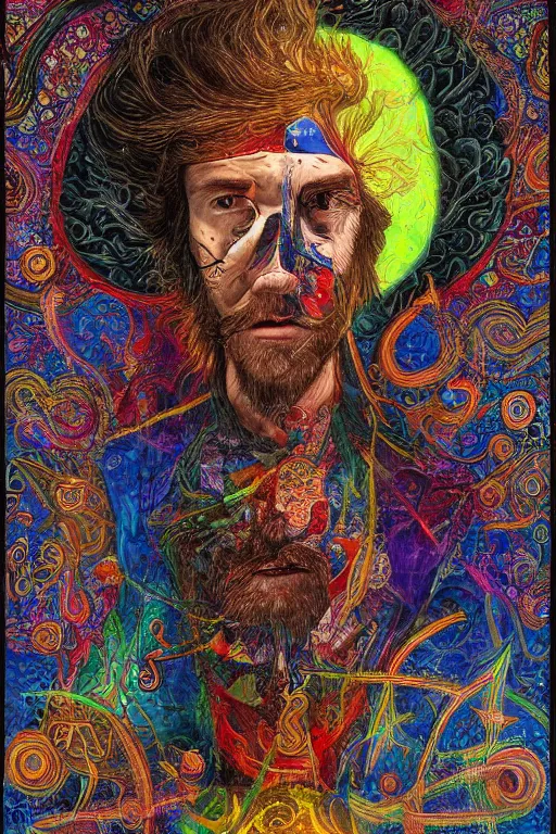 Prompt: a very a high hyper - detailed painting with complex textures of a man mystic metaphysical poet student of alchemy has a war against his ego and a desire for transcendental knowledge, he is a destroyer of the established material and connoisseur of other two different worlds, psychedelic mystic cosmic surreal conceptual magical realism