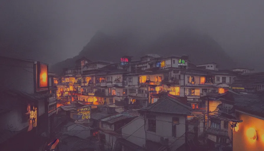 Prompt: a Wes Anderson 35mm film still of a very surreal magic small mountain town, like Jiufen, golden hour, falling cherry blossom pedals, in the style of Gucci, James Jean color palette, glowing warm lights and floating lanterns, foggy atmosphere, rainy, moody, muted colors, magic details, high detail, high resolution, 8k, cinematic look, octane render, psychedelic,