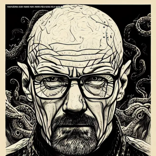 Prompt: Walter White as a Lovecraftian monster, detailed, portrait, intricate, illustration, ink drawing by Kim Jung Gi, hyperdetailed, trending on artstation, highly detailed, Aaron Horkey