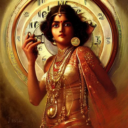 Image similar to detailed potrait of hindu traditional woman with high - tech steam punk clock in face, girl graceful,, painting by gaston bussiere, craig mullins, j. c. leyendecker, lights, art by ernst haeckel, john william godward, hammershøi,,