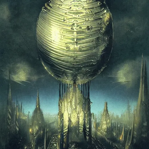 Image similar to enormous flying city in a faberge egg, sky, steampunk, fantasy art, masterpiece, hugh ferriss, digital, peder balke