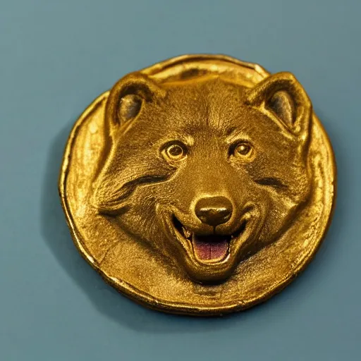 Prompt: an ancient roman gold coin with the face of a shiba inu, close up photo, ultra realistic, studio photo, bokeh.