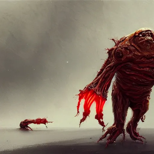 Image similar to scifi art by Greg Rutkowski, hideous monster made of twisted human flesh and reddish ooze, lumpy bloated upper body with elongated and sharp limbs, small head like a ball with two empty holes for eyes, only human beings are its legs, vicious appearance, scifi, space horror, digital painting, artstation, concept art, smooth, sharp foccus ilustration, Artstation HQ.
