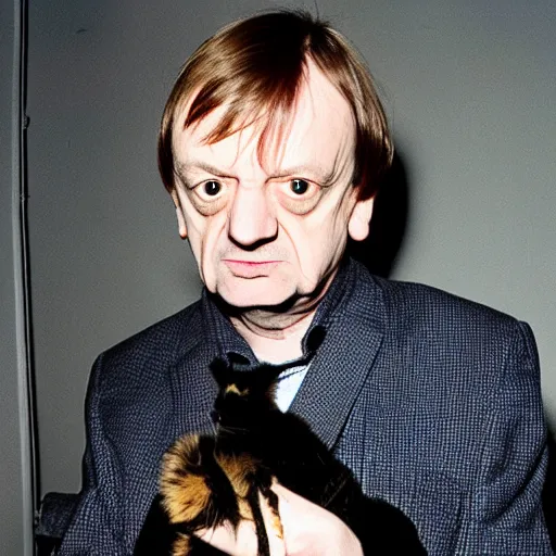 Prompt: mark e smith holding up a cat by the tail, sniffing the cat