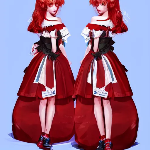 Prompt: twins wearing a lolita dress, full body shot, red hair, highly detailed, digital painting, artstation, concept art, smooth, sharp focus, illustration