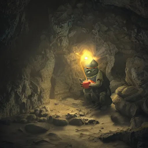 Image similar to pepe the miner in a dark cave, realistic, detailed, photography, artstation, dramatic light