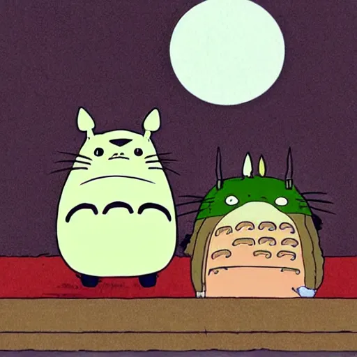 Prompt: ghibli illustration of totoro and bob belcher