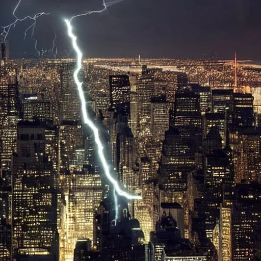Prompt: giant hulk hogan appears above new york with lightning powers, photograph,