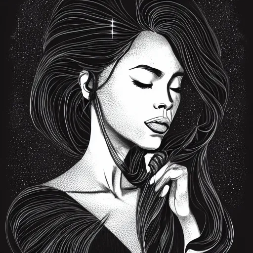 Image similar to A black ink portrait of a lonely beautiful woman with slightly opened lips and the the constellation in her black flowing hair, Trending on artstation